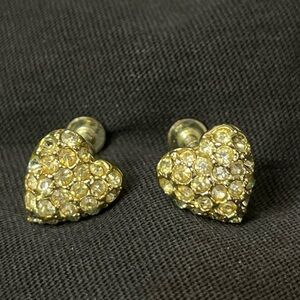 Vintage gold-tone rhinestone heart-shaped earrings with screw clasps
